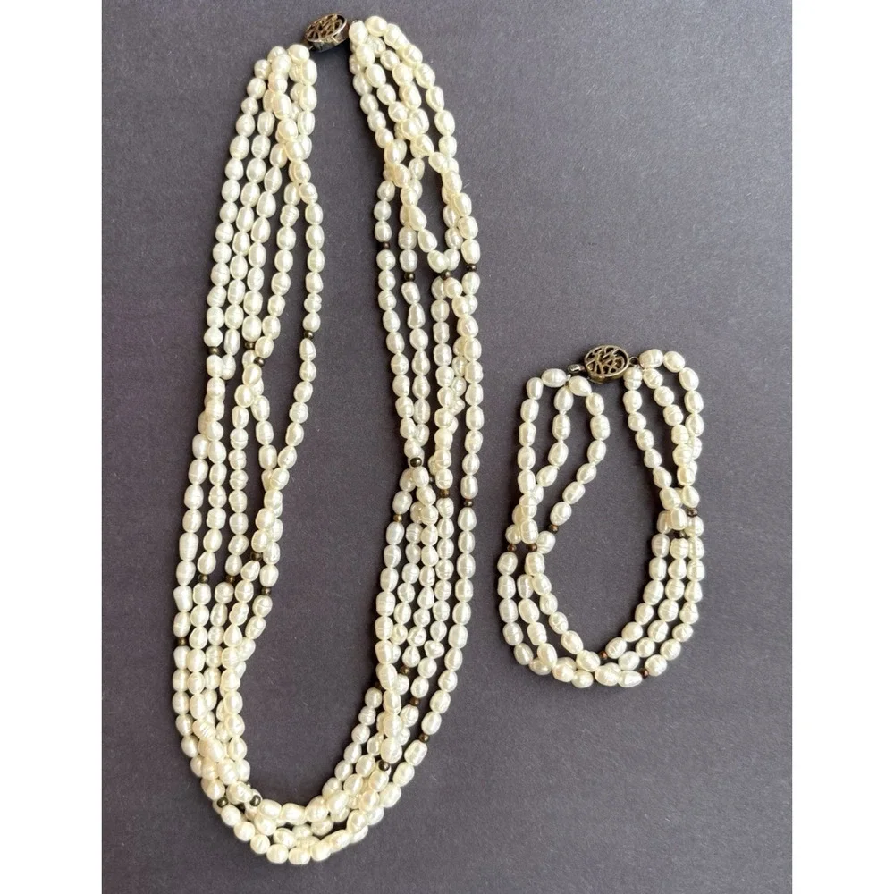Vintage Faux White Pearl Gold Accent Jewelry Set 5 Strand Necklace‎ & Bracelet